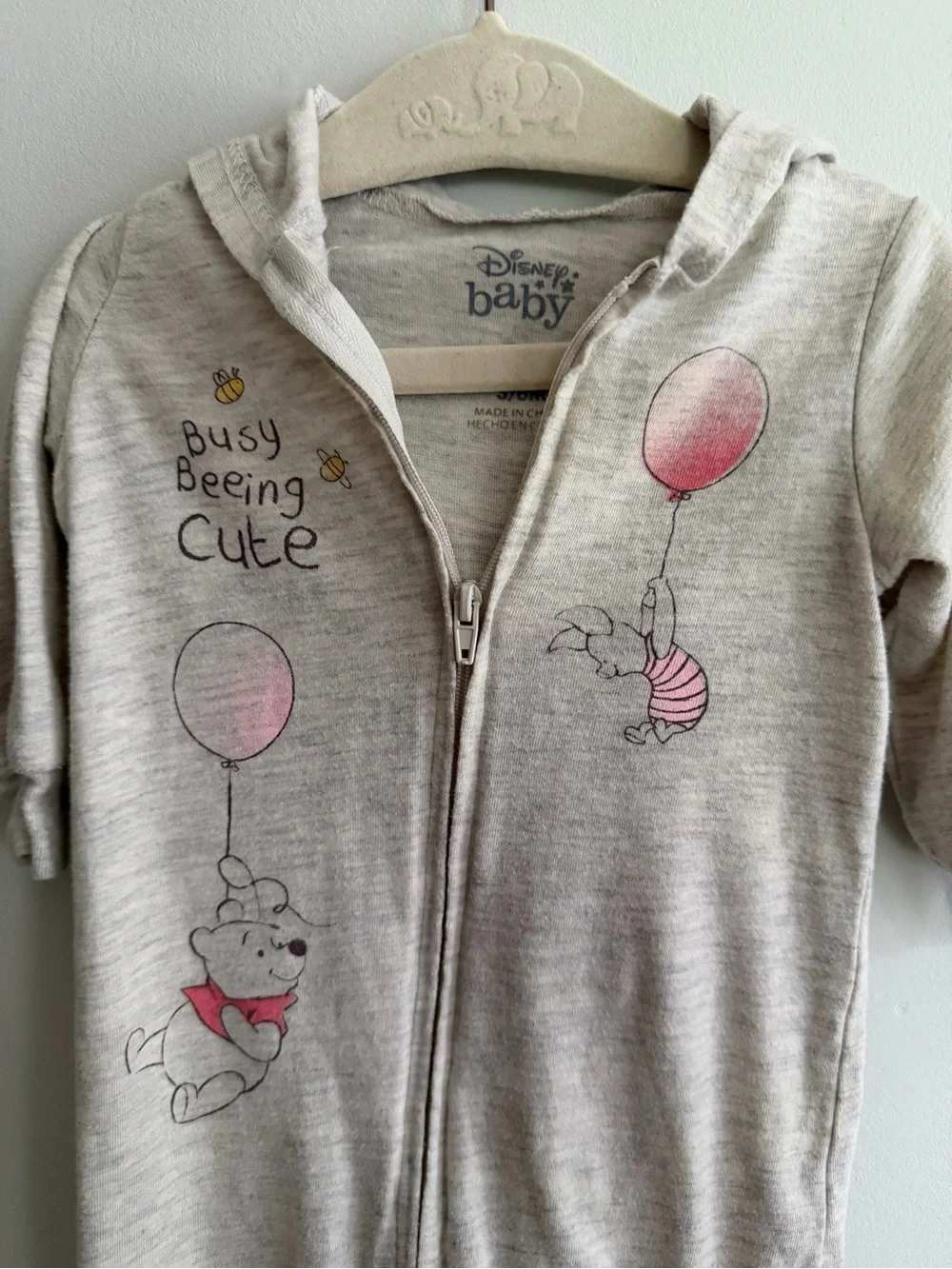 Disney Gray Winnie the Pooh Zip One-Piece with Hood - Busy Beeing Cute